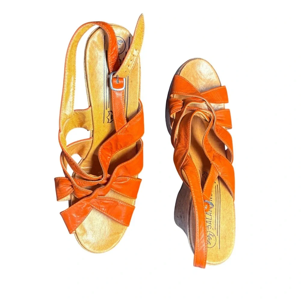 Salamander Orange Leather Strappy Cork Wedge Sandals Womens 7.5 Made‎ in Germany